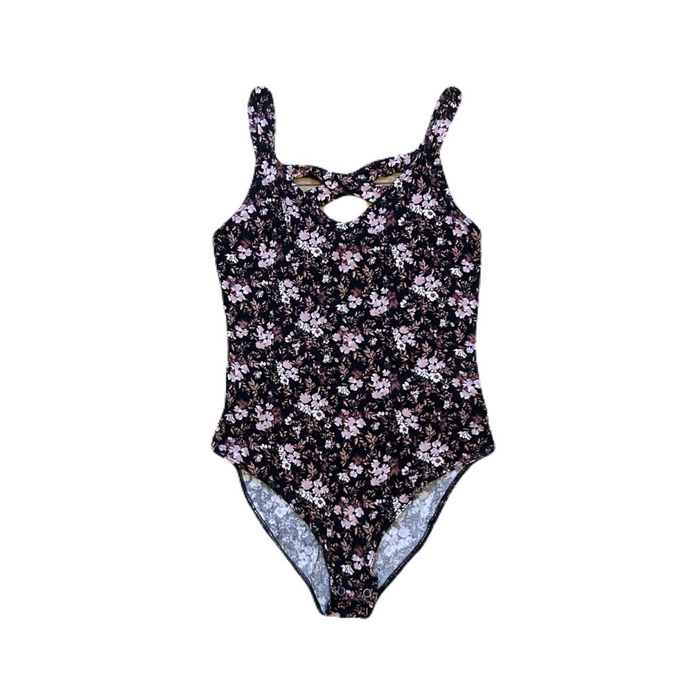 American Eagle Vintage Black Floral Scoop Neck Criss Cross Keyhole Back Bodysuit